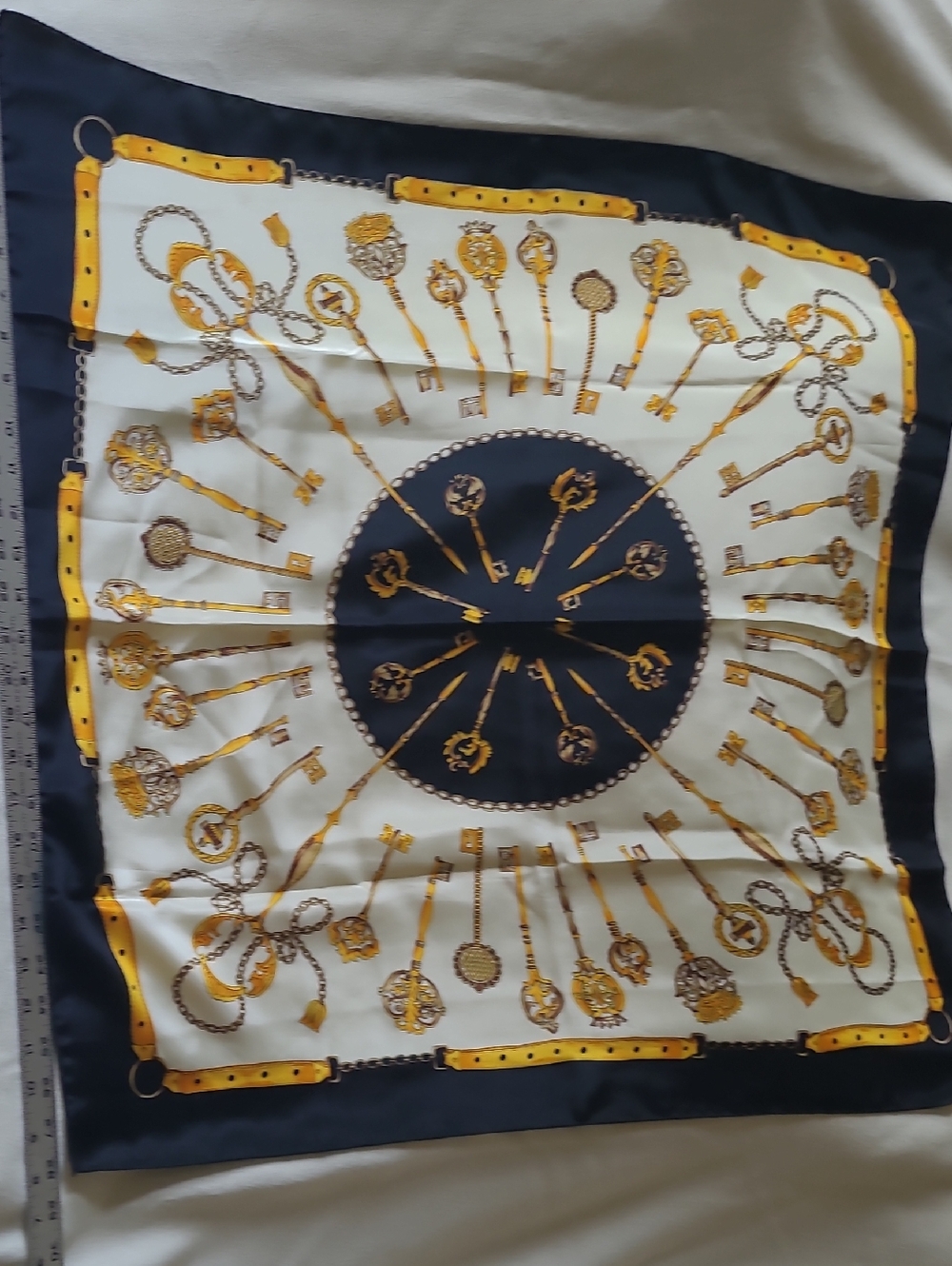 Silk Key Motif Scarf in Navy, White & Gold